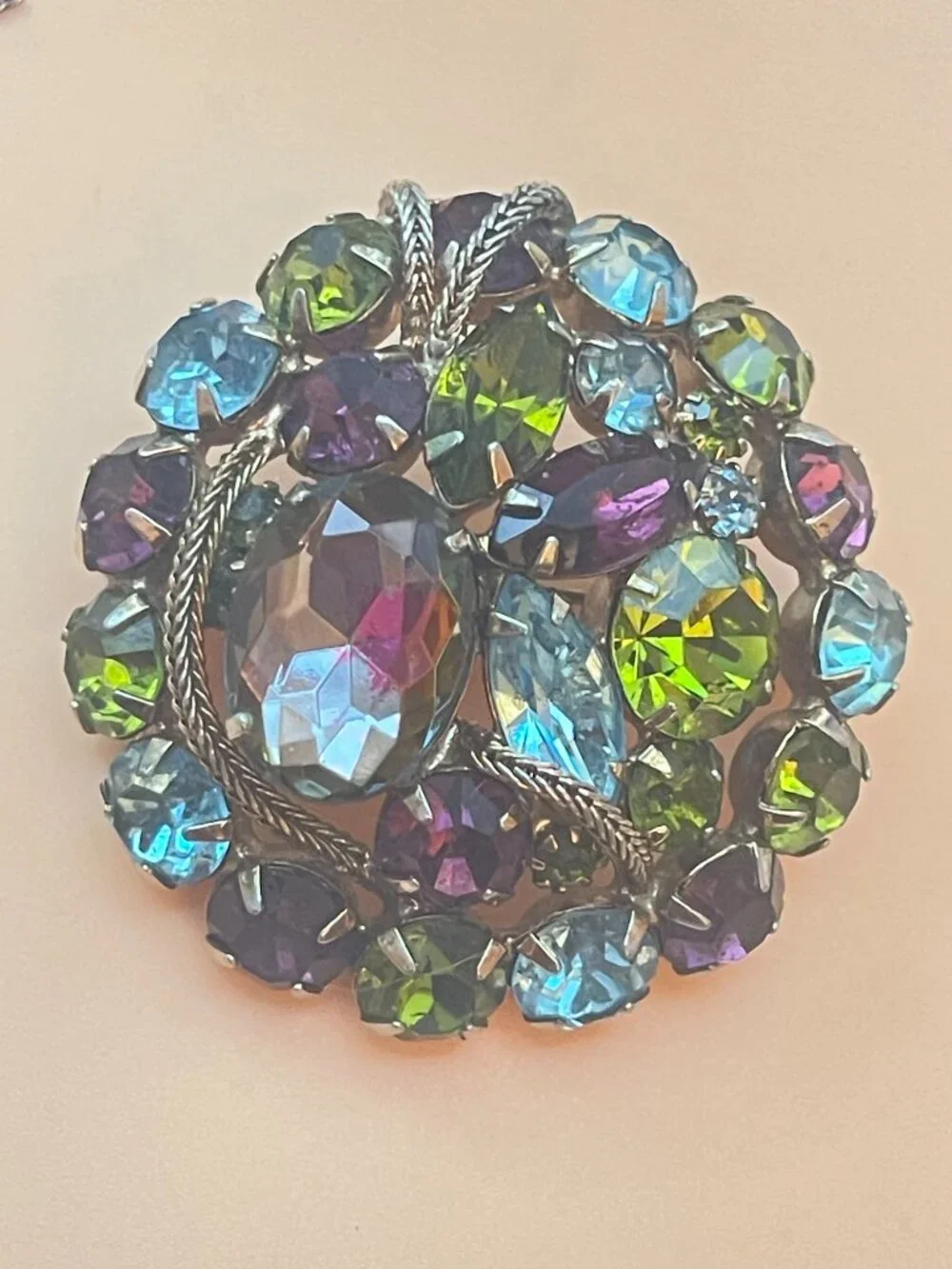 Vtg D&E Juliana Multicolor Watermelon Glass Brooch With Gold-Tone Rope Accents F